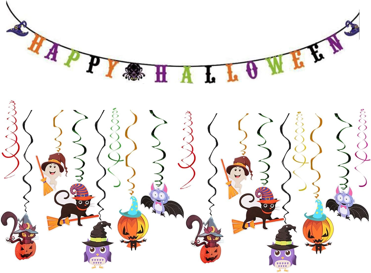 Halloween Decorations Set Includes 24 Ct Cute Halloween Hanging Swirl Decoration and 1 Pack Happy Halloween Banner For Kids Halloween Party