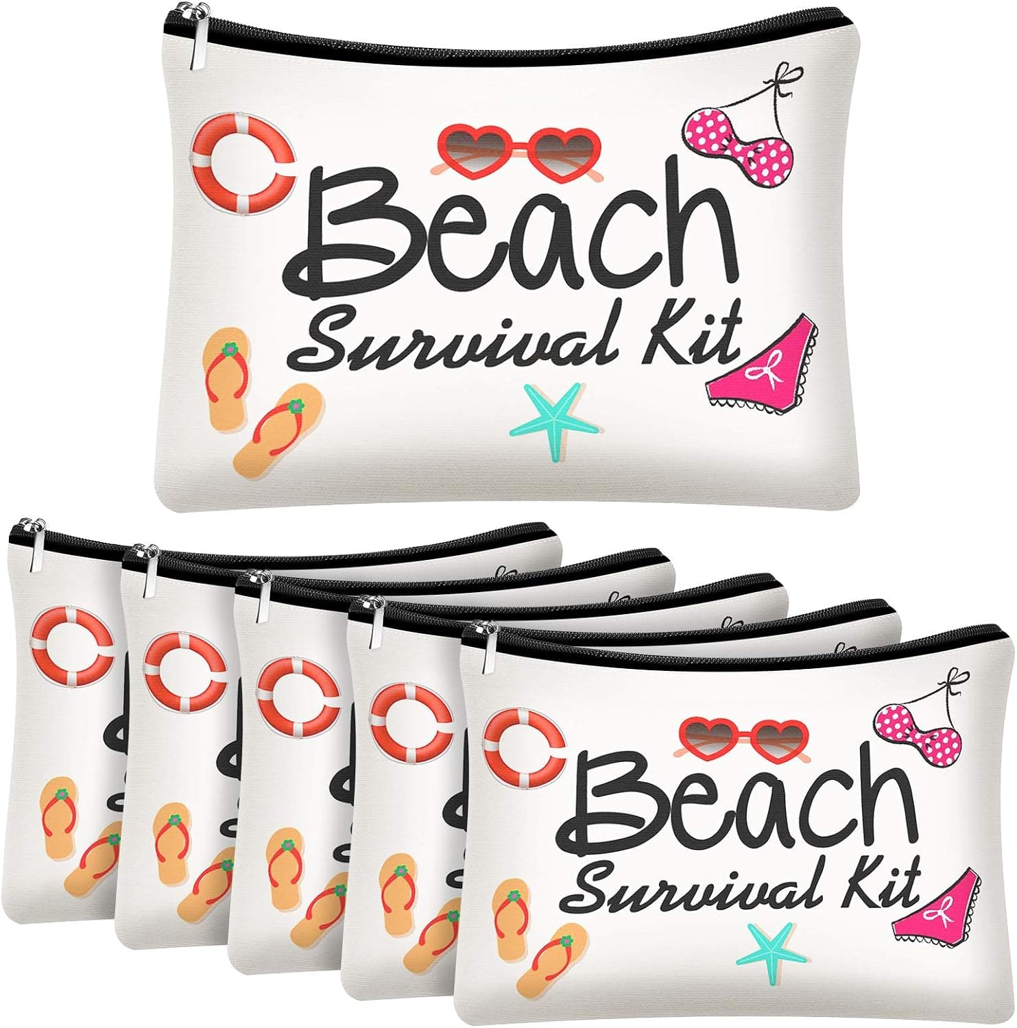 Weewooday 6 Pieces Beach Survival Kit Cosmetic Bag for Women Funny Beach Makeup Bag Gifts Beach Accessories Travel Organizer Bag Summer Cotton Case Pouch for Gifts