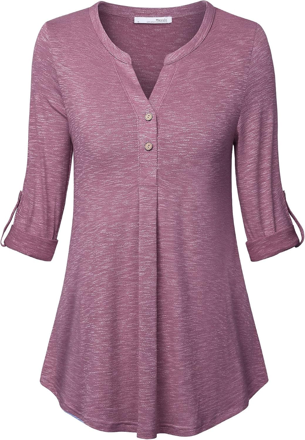 Messic Women's 3/4 Cuffed Sleeve Shirt Casual V Neck Pleated Flowy Henley Tunic Tops