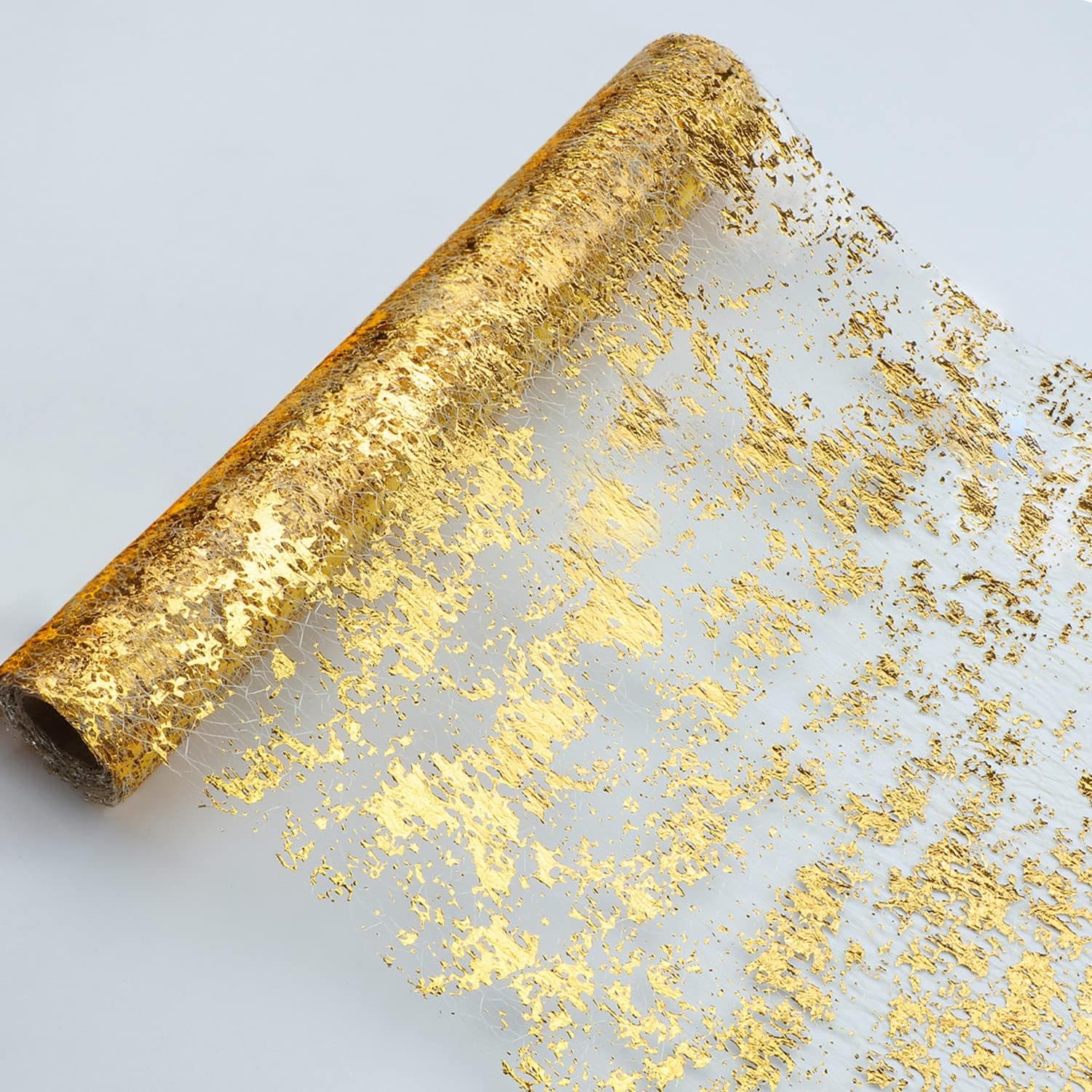 Snowkingdom Glitter Metallic Gold Table Runner 11 Inch x 49 Feet Inches Thin Mesh Sparkle Table Runner Roll Table Decorations for Wedding Bridal Shower, Baby Shower, Birthday Party （1PC）