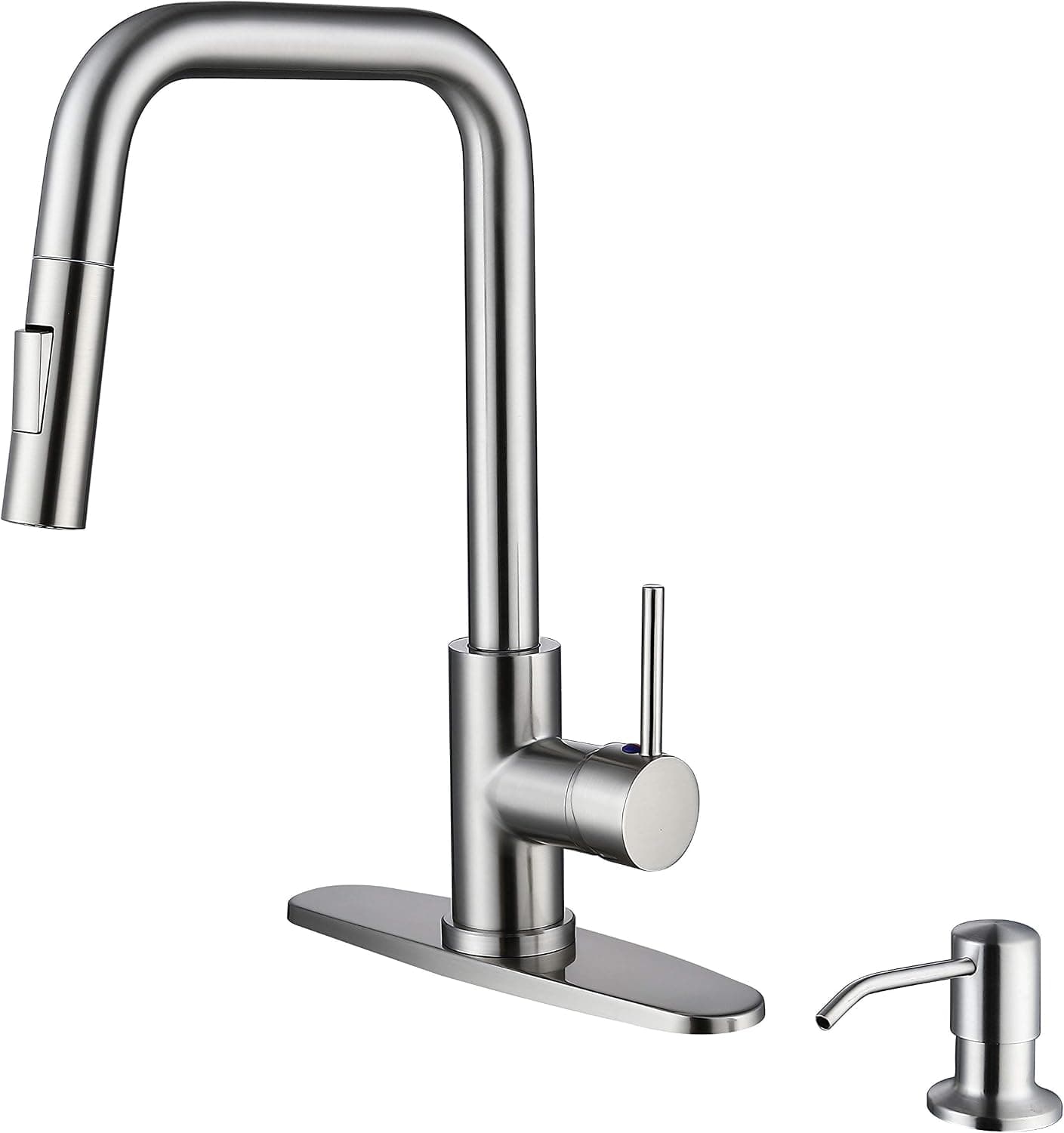 RKF Pull Down Kitchen Faucet with Sprayer,Single Handle High ArcPull Out Spray Head Kitchen Sink Faucets with Deck Plate and dispenser,Brushed Nickel,PD01B-T130/BN