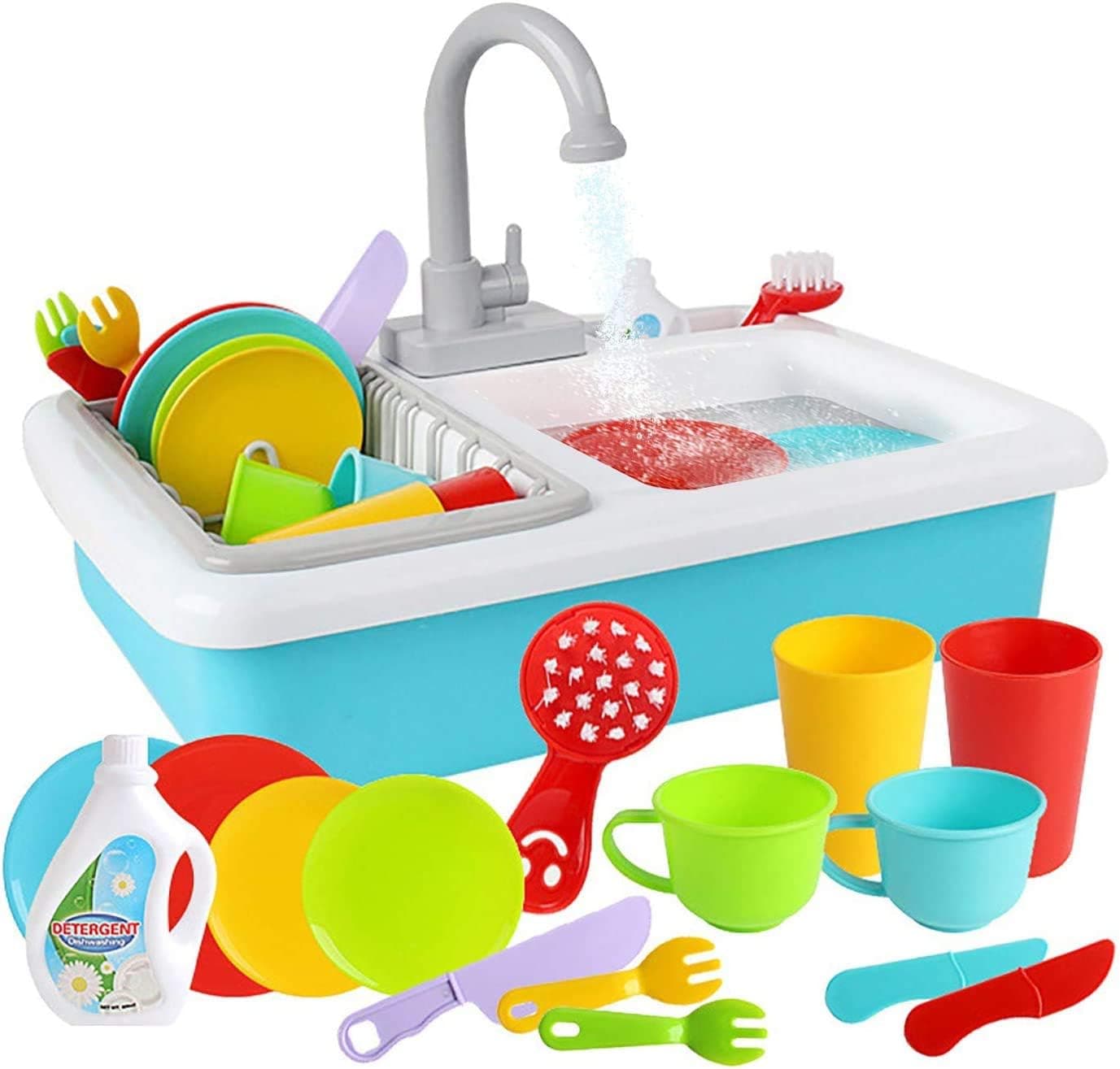 HANMUN Toy Kitchen Set Play Kitchen Sink Toy Utensils Play Dishes Accessories Plates Dishwasher Playing Toy with Running Water, Play House Pretend Role Play Toys for Boys Girls