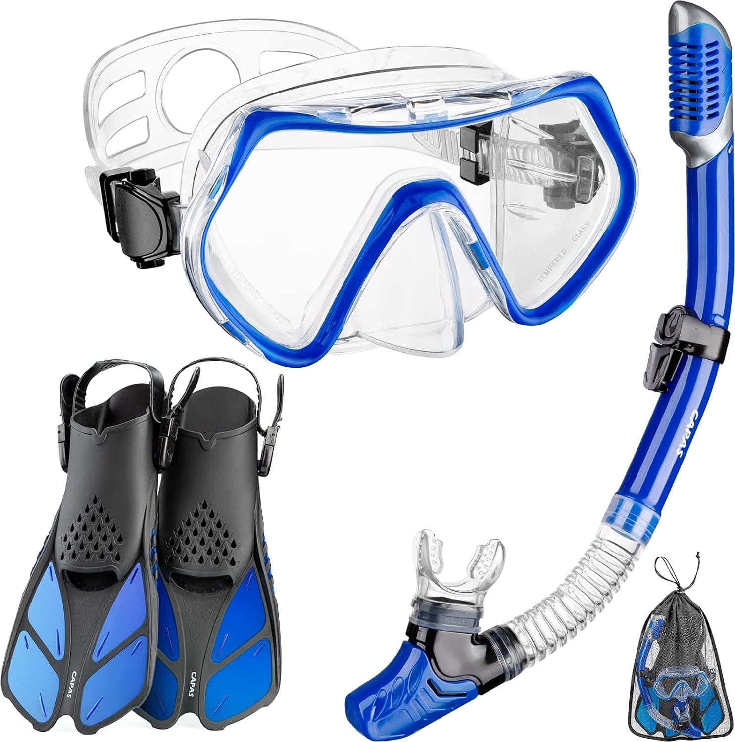 CAPAS Snorkel Mask Fins Set, Travel Size Snorkeling Gear for Adults with Short Adjustable Swim Fins, High Resistant Scuba Diving Mask and Dry Top Snorkel, Come with a Carrying Bag