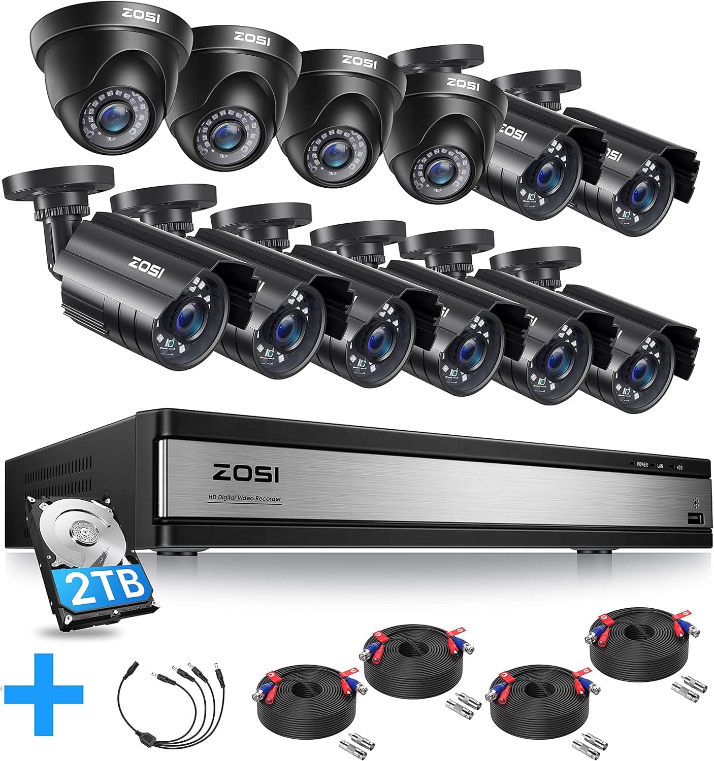 ZOSI 16CH 1080P 12 Security Cameas System with 2TB HDD + 4 Pack 100ft CCTV Cable & 1 to 4 Power Splitter Cable Bundle