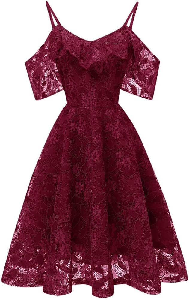 DEATU Princess Lace Dress Women Vintage Floral Cute Lace Cocktail Neckline Ladies Party Aline Swing Sleeveless Dress(Wine,XXL)