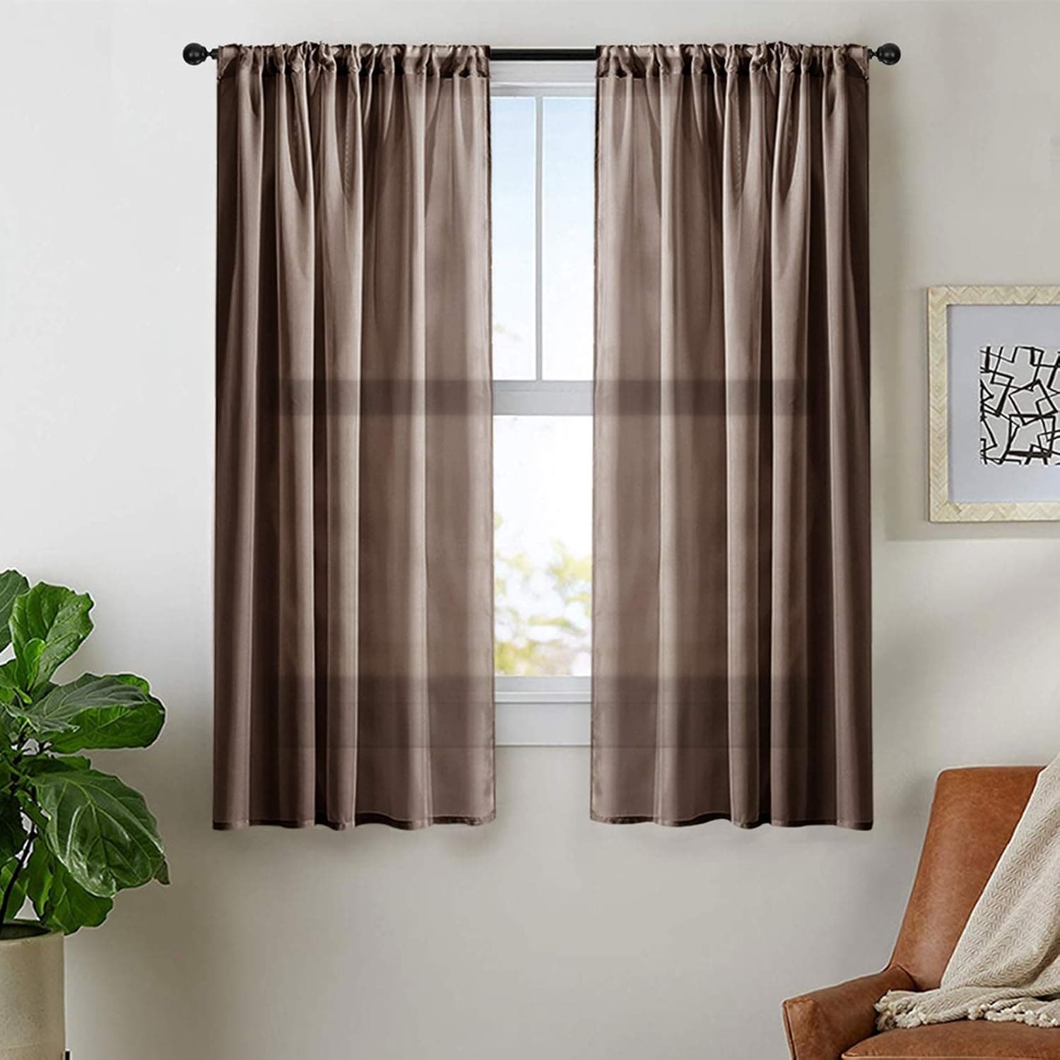 MRTREES Short Sheer Curtains 45 inches Long Kitchen Curtains Coffee Brown Sheer Small Window Voile Basement Curtains Bathroom Window Treatment Rod Pocket Set 2 Panels