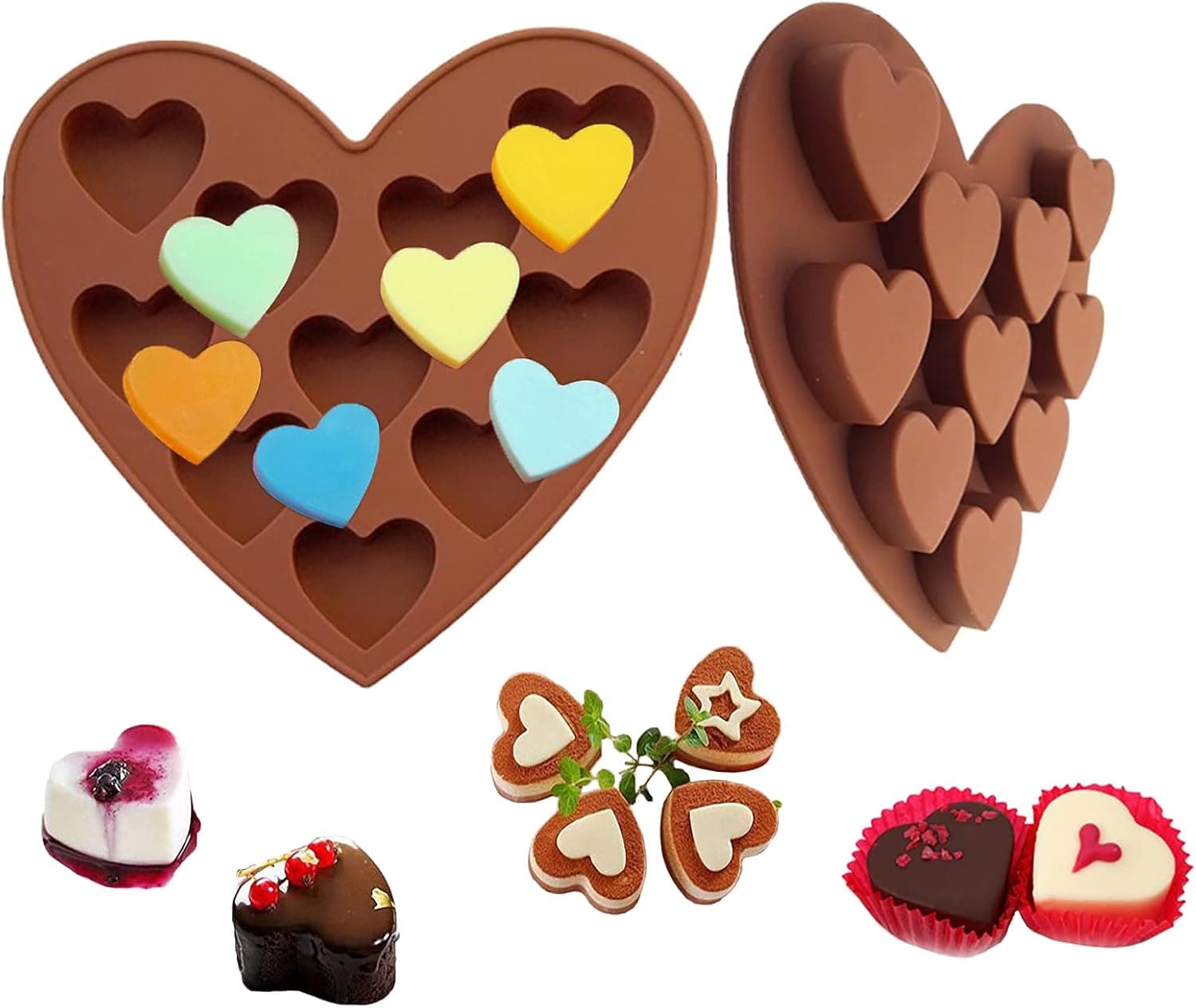 Chocolate Cookie Mold for Mother's Day, 10-Cavity Love Heart Shaped Silicone Baking Molds for Candy Mini Soap, Cake Bread Cupcake Cheesecake Muffin and Jello