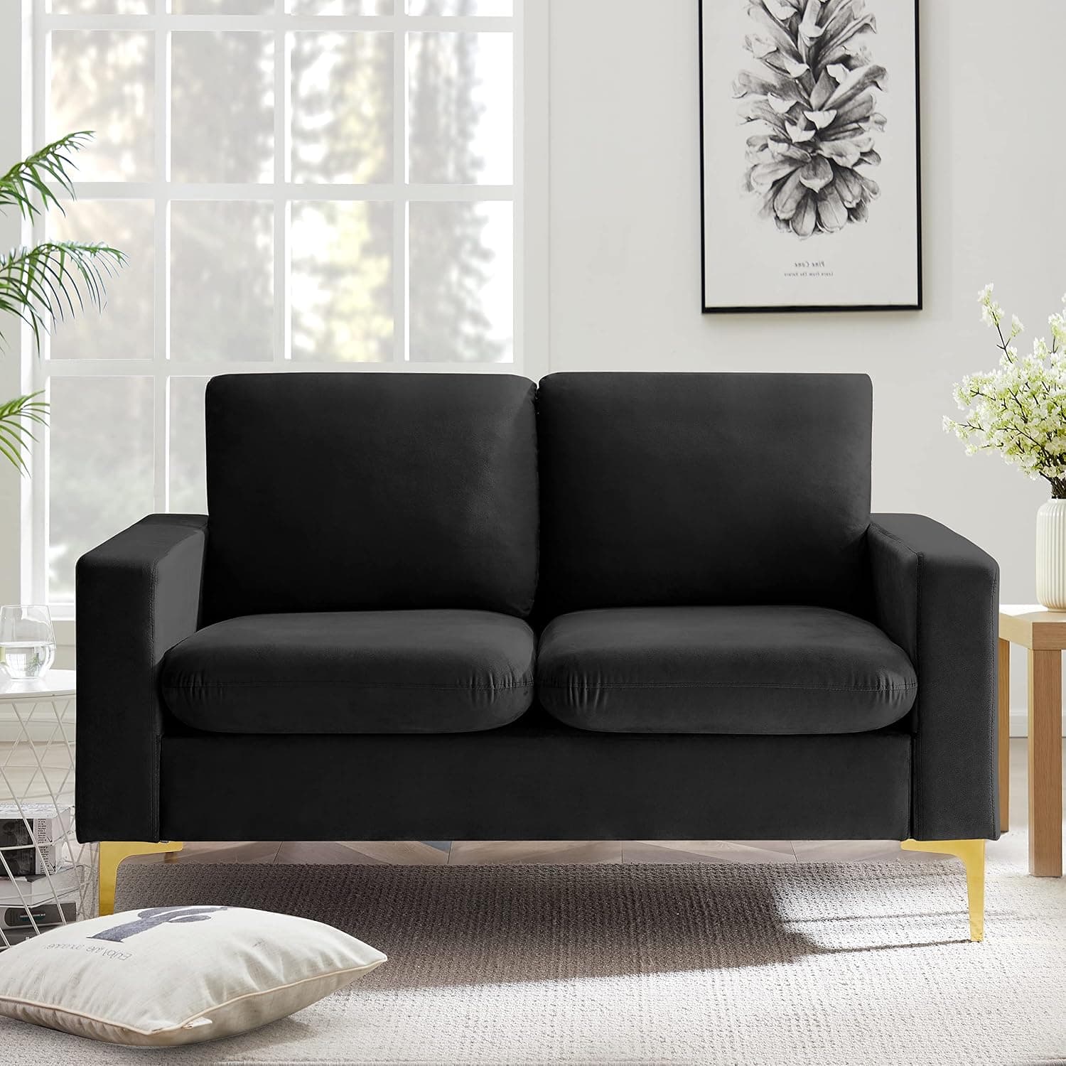 FREEHOMAE Velvet Loveseat with Gold Metal Legs & Square Armrest Small Couch Sofa for Limited Space, Modern 2- Seat Sofa for Apartment (Black)