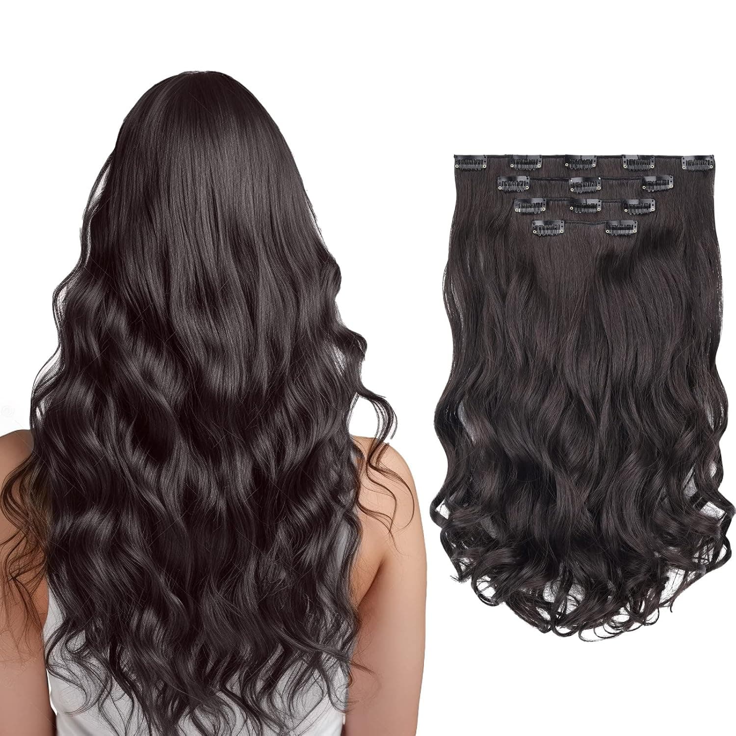 Brown Hair Extensions, SYXLCYGG Clip Hair Extension Wavy 18" 5.5 Oz 4pcs Synthetic Thick Hair Pieces Cheap Natural Women Girl Full Head