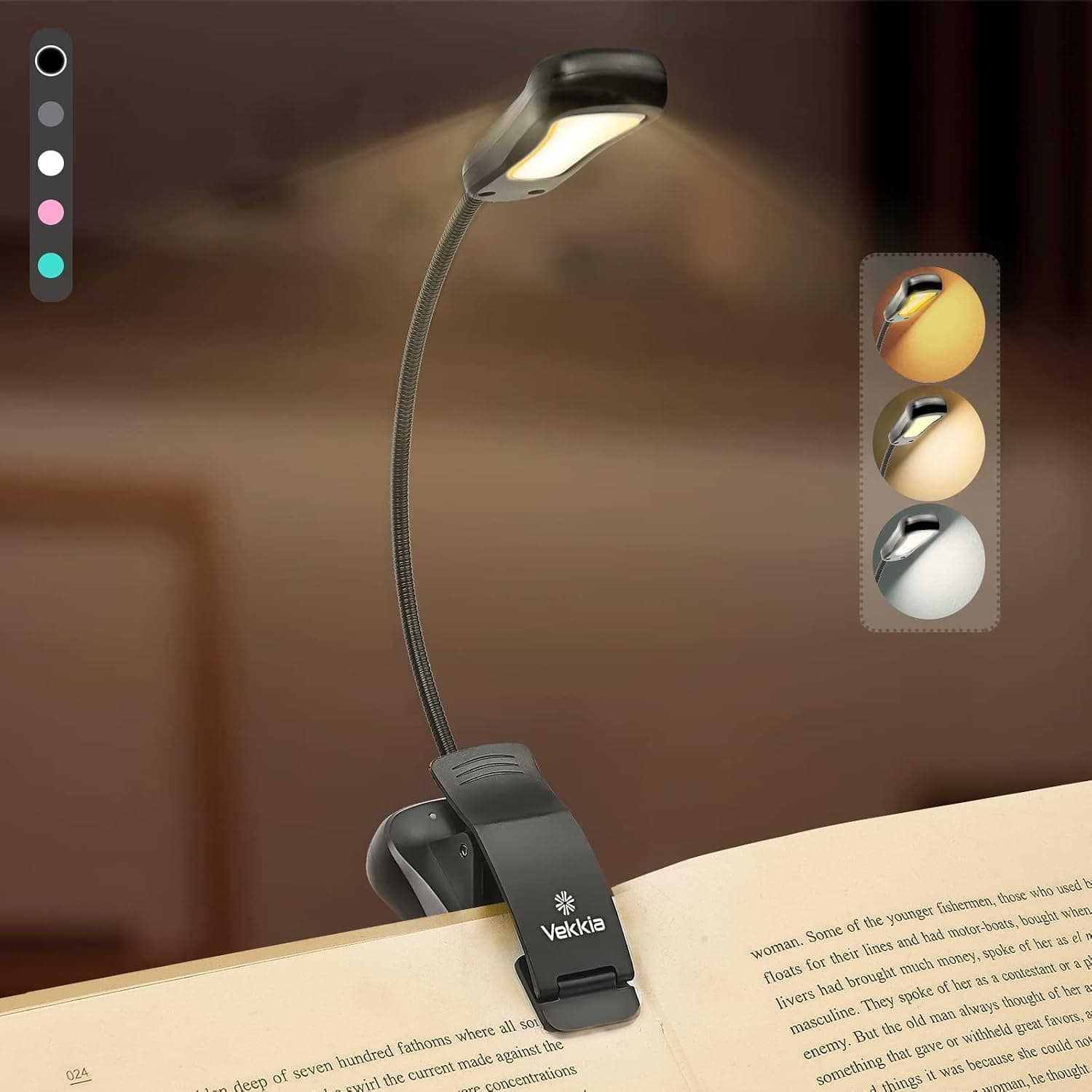 Vekkia/LuminoLite Rechargeable Book Light, Reading Lights for Books in Bed, 3 Colortemperature × 3 Brightness, Clip on Book, Up to 70 Hours Lighting, Great for Readers, Travel (Black)
