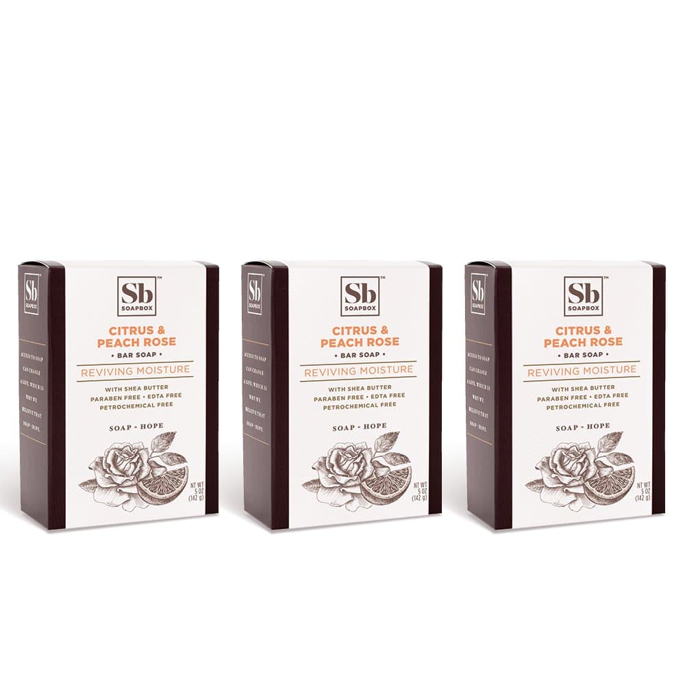 Soapbox Bar Soap, Moisturizing & Exfoliating Bar Soap with Shea Butter & Olive Oil - Citrus & Peach Rose Scented Bath Soap, Natural, Eco-Friendly, Vegan for Hands and Body - Paraben, Gluten & Cruelty Free 5oz. (Pack of 3)