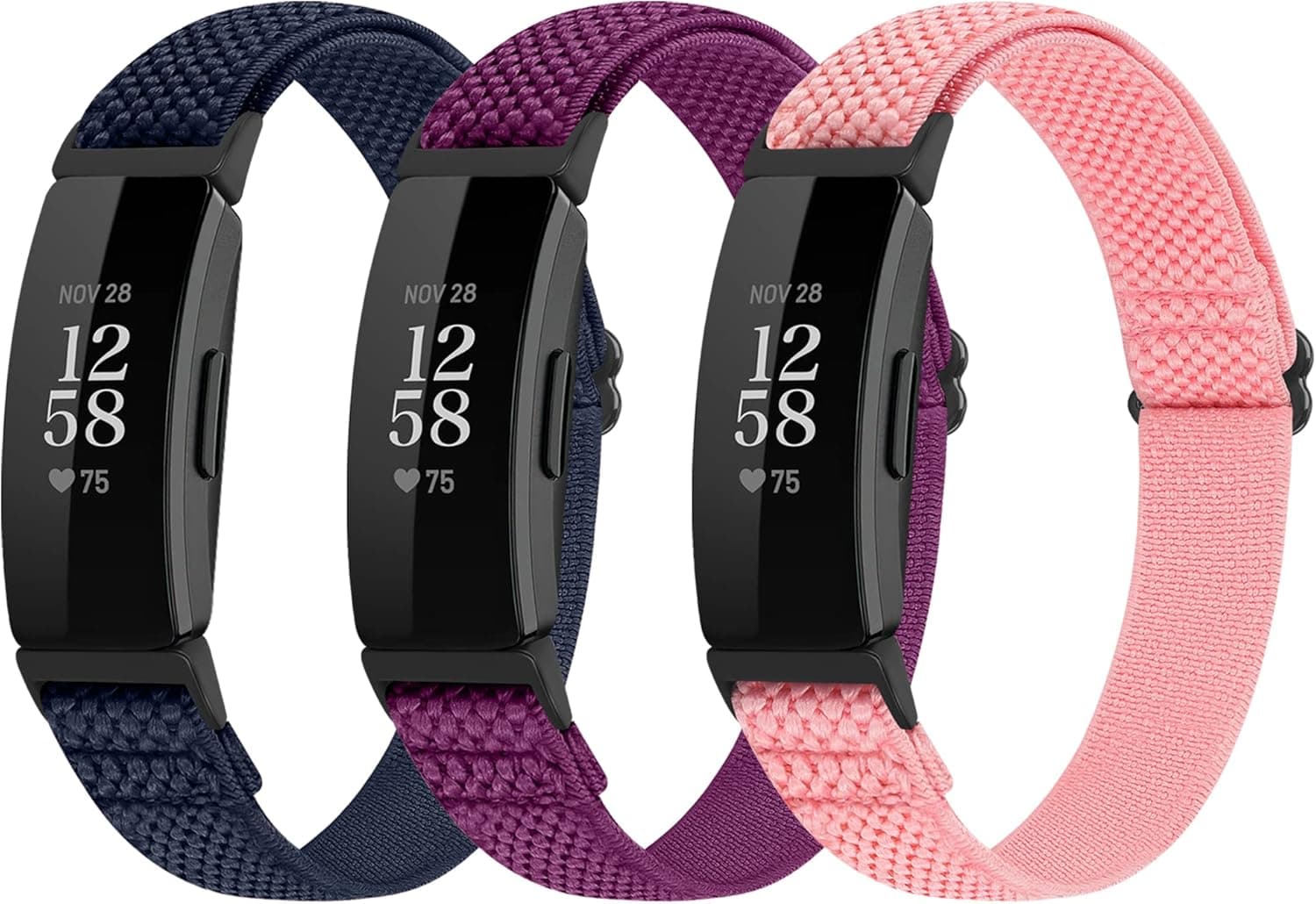 Huamanlou 3 Pack Adjustable Elastic Nylon Sport Bands Compatible with Fitbit Inspire 2/Inspire/Inspire HR/Ace 2/Ace 3, Soft Solo Loop Stretchy Straps Replacement Wristbands for Fitbit Inspire Women Men