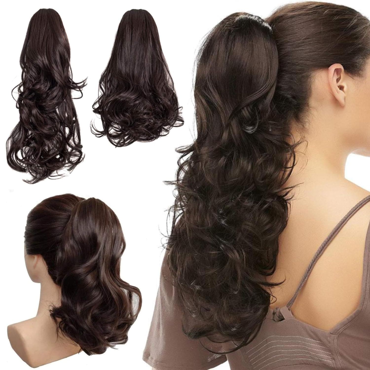 Wodelanle Ponytail Extension Clip in Claw Hair Piece for Women 16" 18" Synthetic Curly Wavy Claw Hair Extensions Pony Tails (Dark Brown)