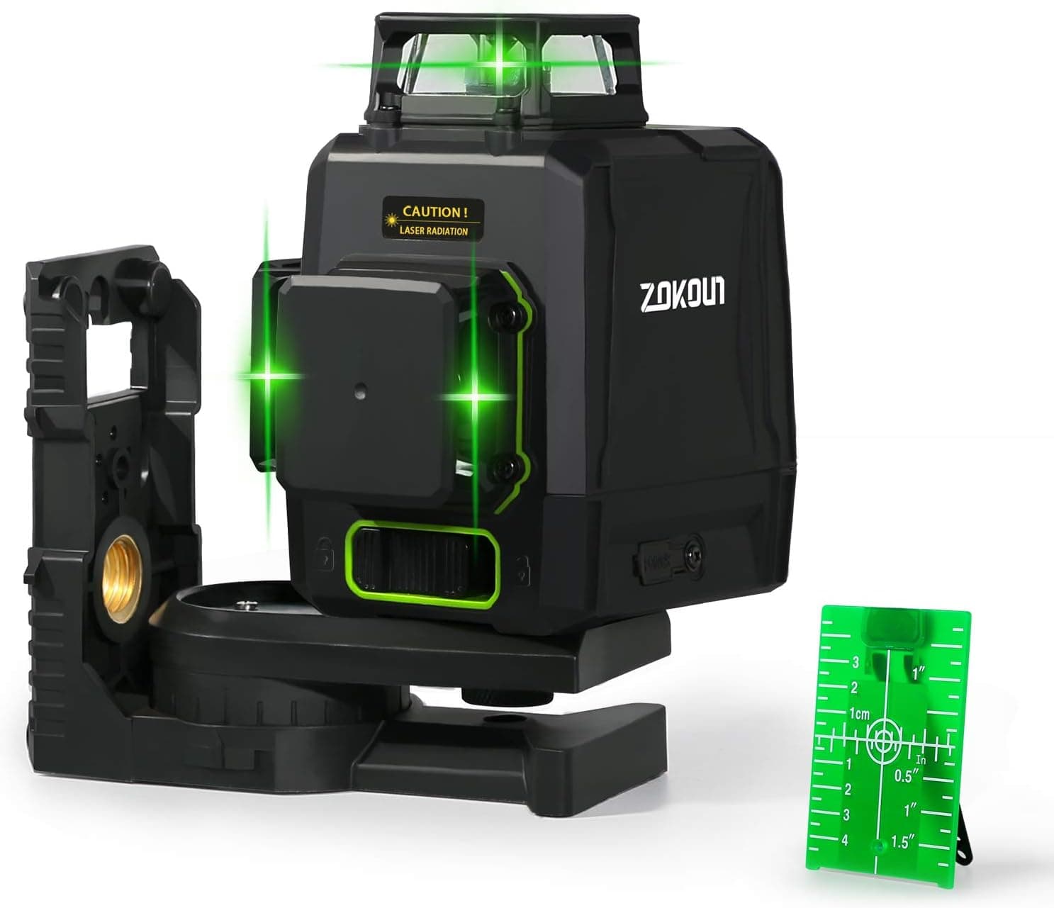 Zokoun Shockproof and Waterproof 3D Green Laser Level with manual mode, pulse mode, switchable 3X 360 cross self-leveling lines, 5200mah battery
