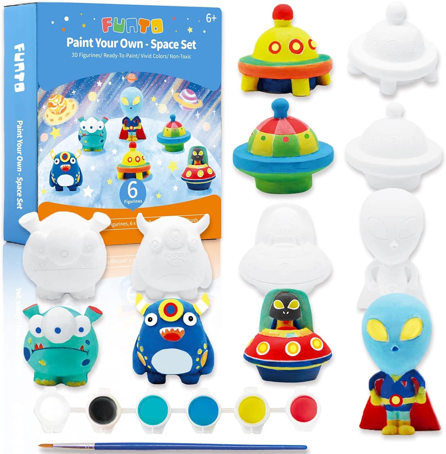 Funto Paint Your Own Space Kit Painting Kit, 13 PCS Arts and Crafts Set for Kids, STEAM Project Creative Activity DIY Toys Gift for Boys & Girls Age 3+, with 6 Figurines, 6 Paint Pots, 1 Brush