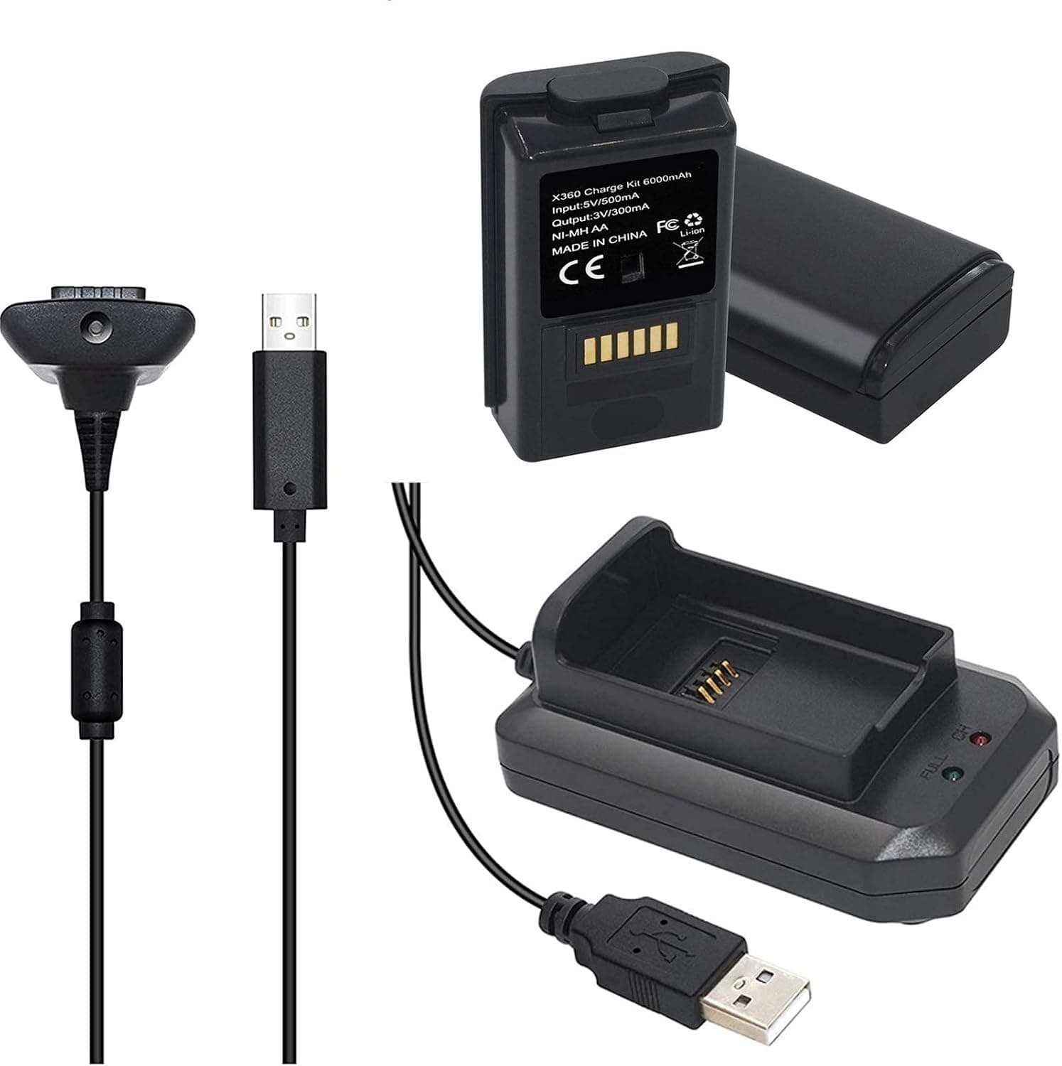 TURPOW 6000mAh for Xbox 360 Controller Rechargeable Battery Pack, Replacement Batteries and Charging Dock with 3 Meters Cable Kit for Xbox 360 Controller, 2 Pack