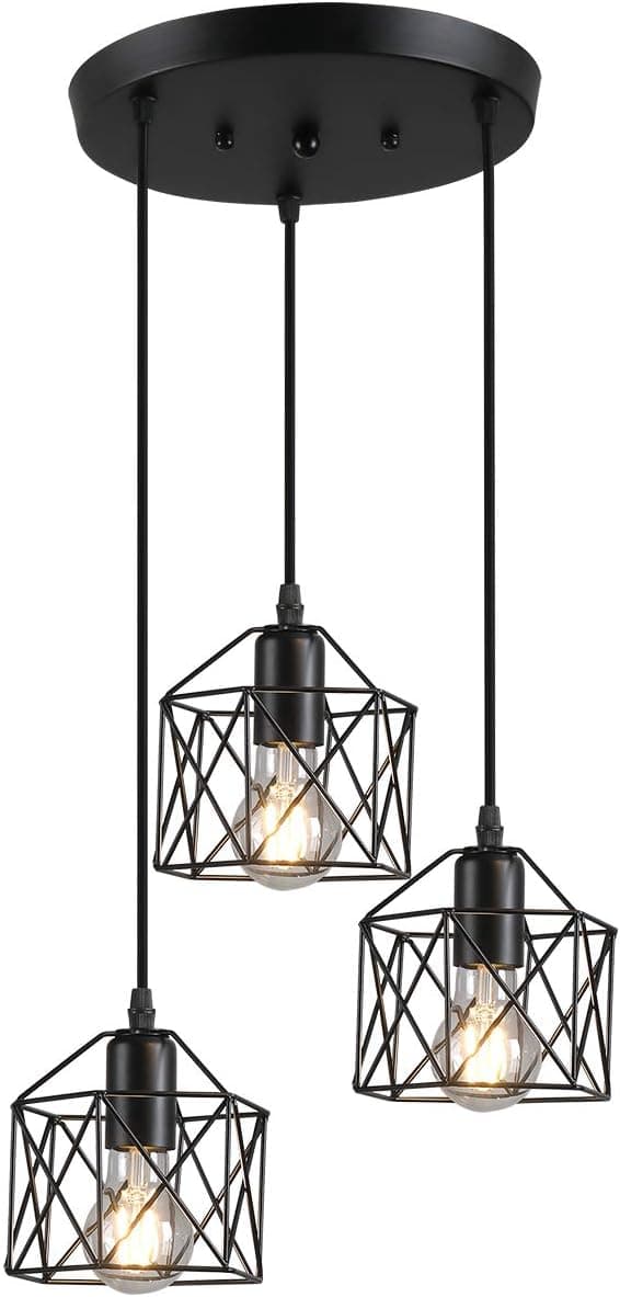 Pendant Light with Cage Shade Matte Black 3-Lights Adjustable Hanging Lighting Fixture, Industrial Antique Traditional Pendant Lamp for Home, Kitchen Island, Dining Room, Foyer, Farmhouse,Hallway