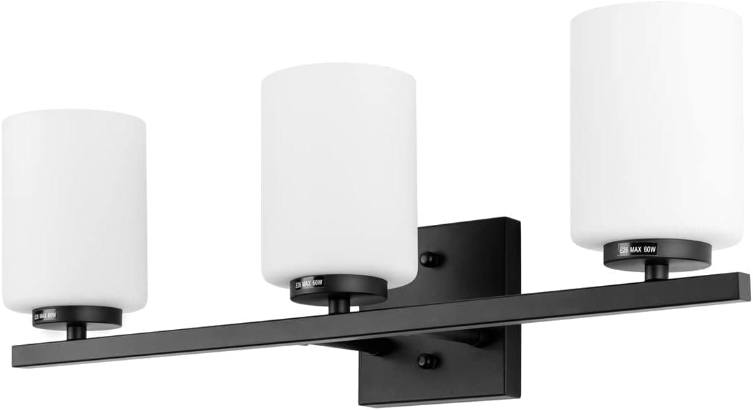 mirrea 22in 3-Light Modern Bathroom Vanity Light with Etched White Glass Shades Black Painted Bathroom Light Fixture