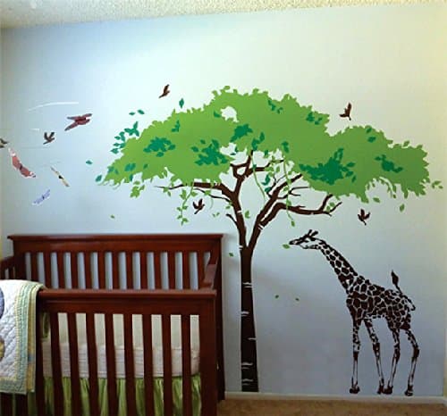 Pop Decors Removable Vinyl Art Wall Decals Mural for Nursery Room, Africa Tree and Giraffe