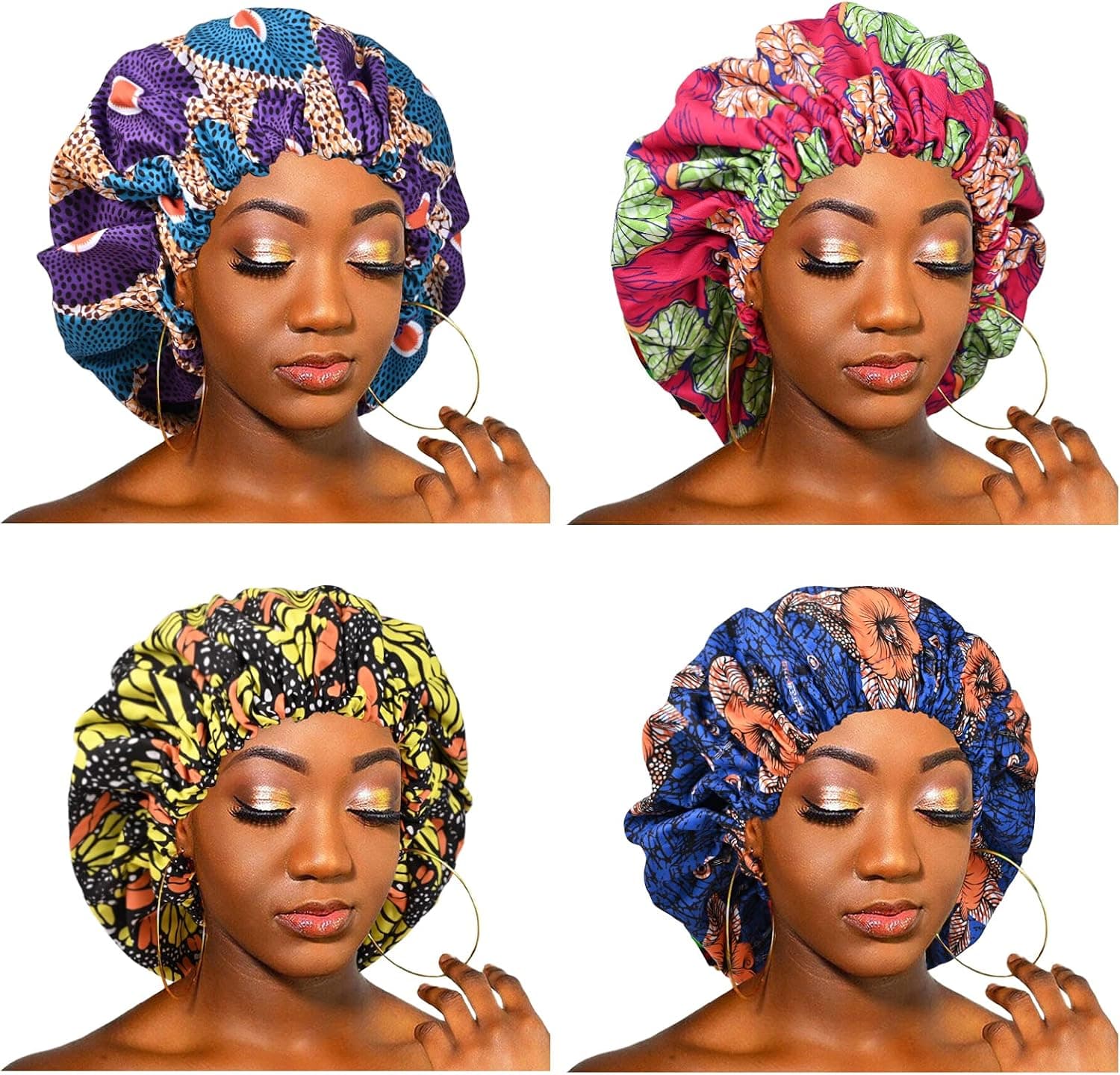 4 Pcs Satin Bonnet for Natural Curly Long Hair Black Women Silk Bonnet for Curly Hair Bonnets for Women Comfortable Sleeping Head Cover Silk Hair Wrap Satin Hair Bonnet Reversible Bonnets
