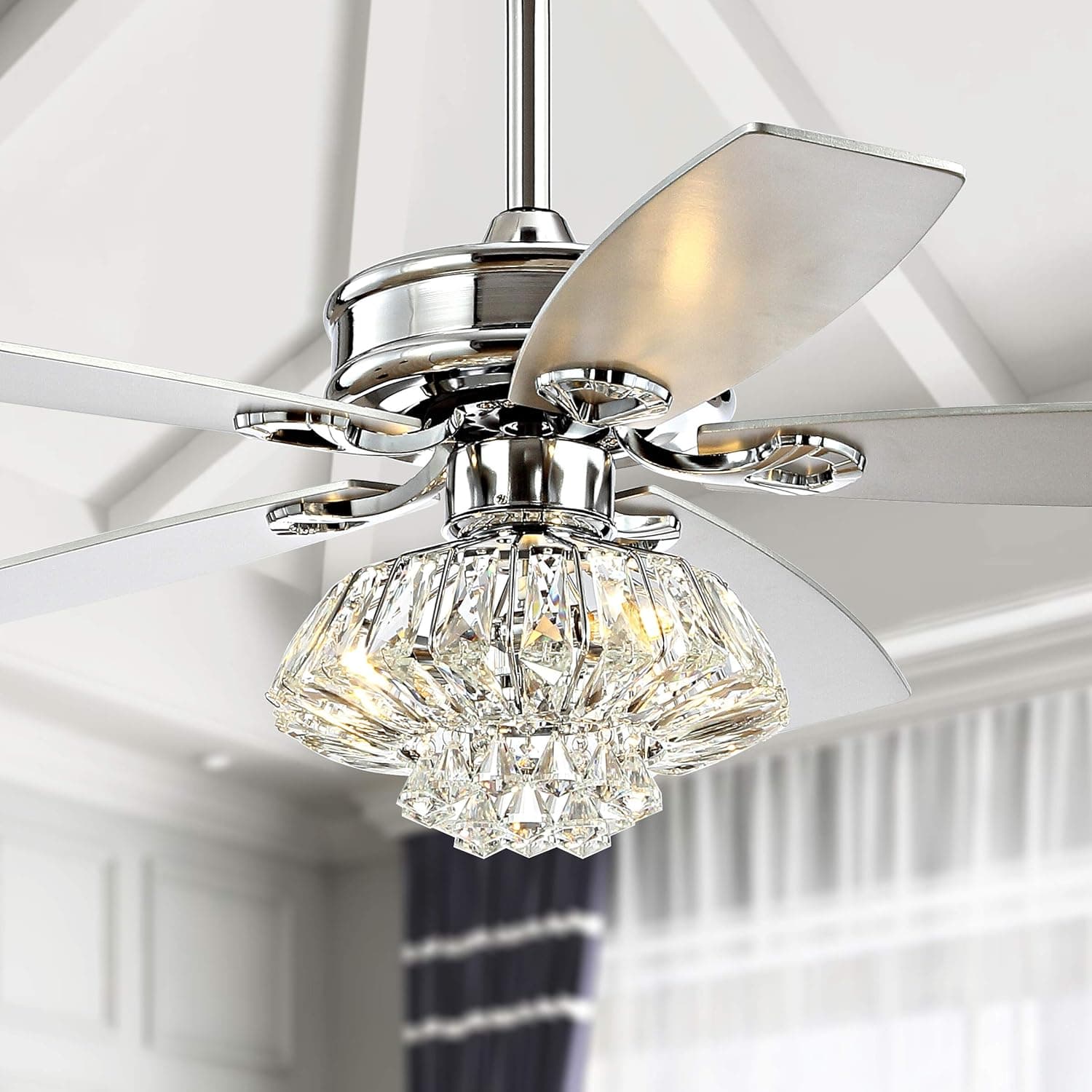 JONATHAN Y JYL9608A Kate 48" 3-Light Glam Crystal Drum LED Ceiling Fan with Remote, Transitional, Glam, Classic, Modern, Contemporary, Elegant, Living Room, Family Room, Dining Room, Chrome