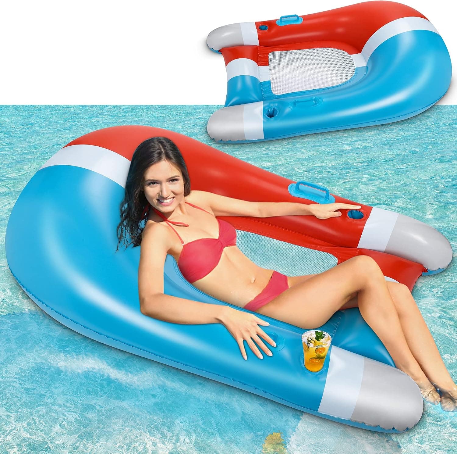 Inflatable Pool Lounger Float, 60'' Larger Beach Rafts and Floats with Comfortable Backrest and Armrest Extra Large Portable 2-Layer Leak-Proof Valve Water Hammock Lounge for Adults Pool or Lake