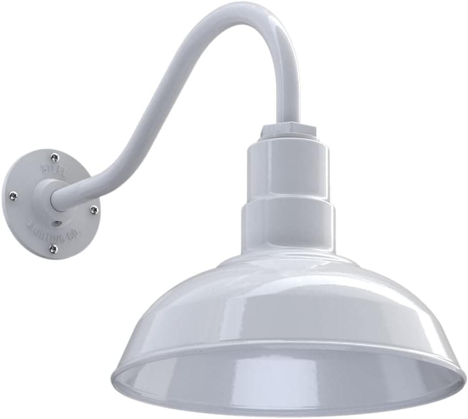 Steel Lighting Co. Westchester Barn Light | Outdoor Wall Mounted | 12 inch Dome | 16 inch Gooseneck| Warehouse Steel Light Made in America | White Exterior/White Interior