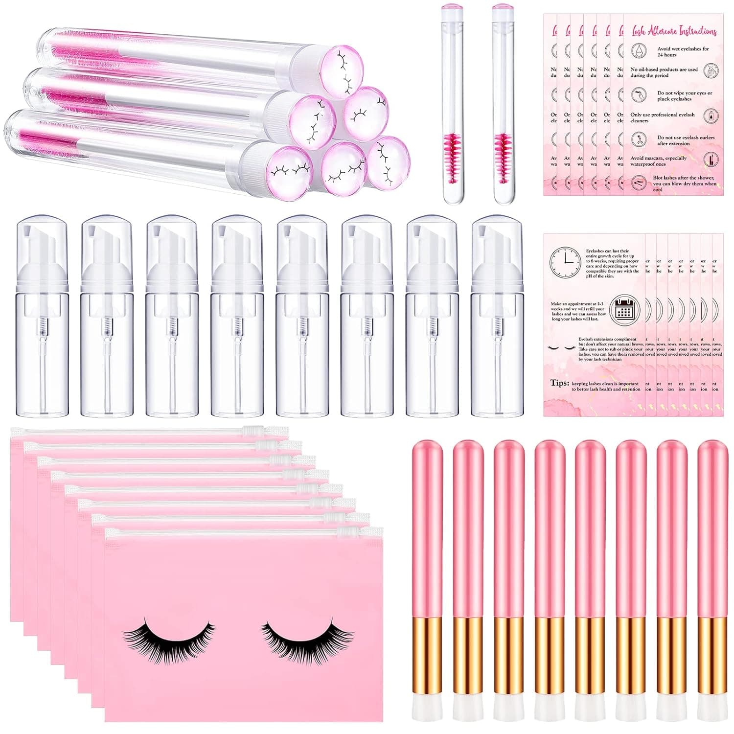 8 Pcs Lash Shampoo Brushes Set 8 Eyelash Aftercare Bag 8 Disposable Mascara Brushes Tubes 8 Foam Pump Bottle 8 Extension Aftercare Instructions Cards Eyelash Makeup Accessories (Zippered Bag, EVA)