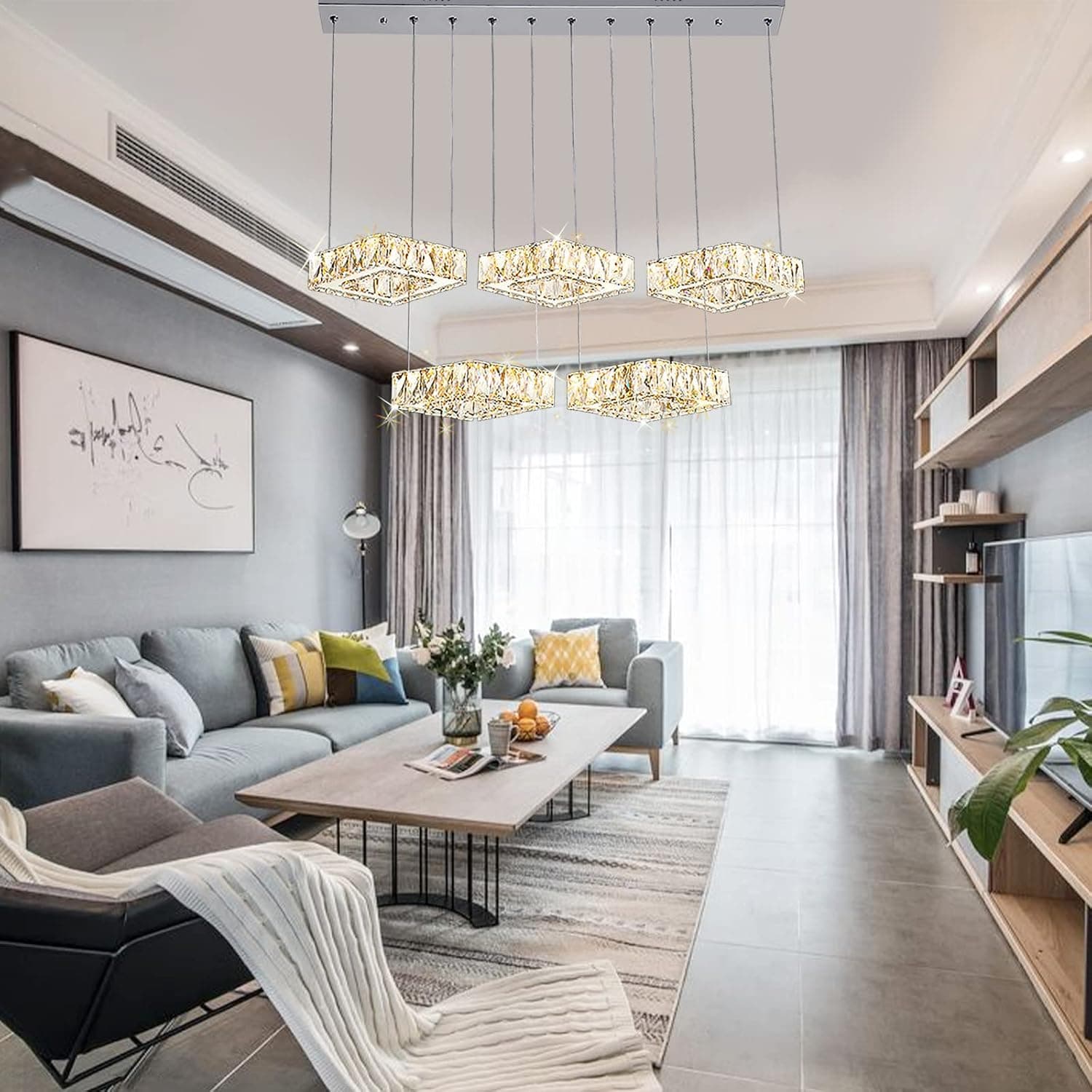 STARBIVO Crystal Chandeliers, Modern LED Ceiling Lights Fixtures Dimmable Pendant Lighting 5 Squares Adjustable Hanging Lights for Living Dining Room Bedroom Kitchen, Warm White 3000K