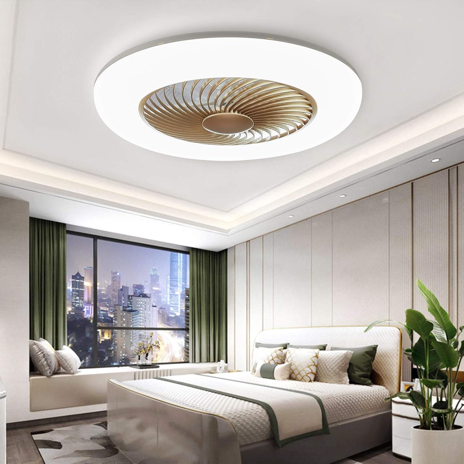 Sunifier Bladeless Ceiling Fan with Light, Remote Control Low Profile Modern Ceiling Fan with Lights, 3 Colors Flush Mount Ceiling Fan with Light for Living Room Bedroom Kitchen (22 INCH, Gold)