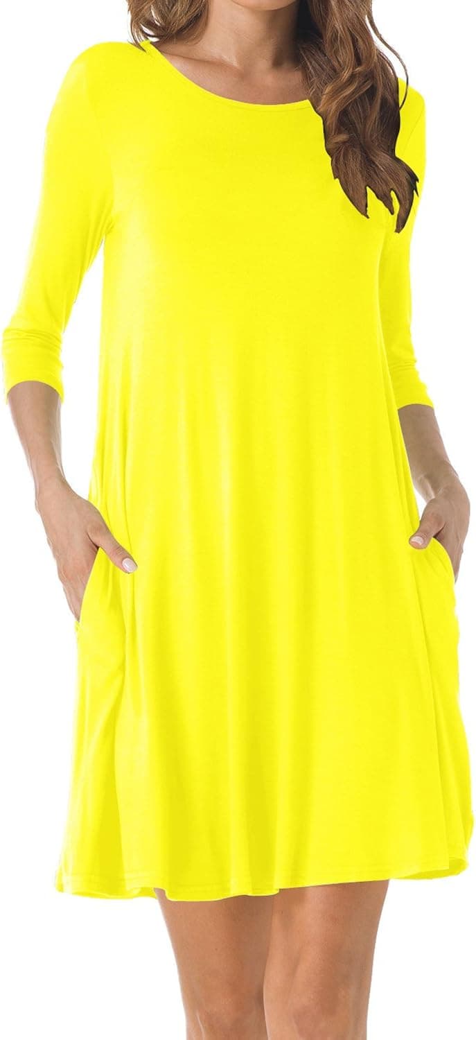 TINYHI Women's O-Neck 3/4 Sleeves Tunic Pocket Loose Casual Swing Tshirt Dress(Yellow,Medium)