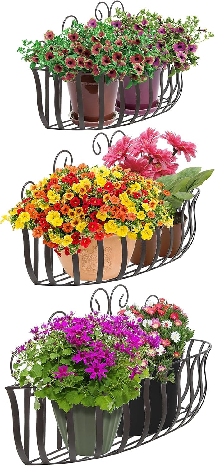 Set of 3 Wall Mounted Brown Metal Scrollwork Leaf Design Floating Basket Shelves / Decor Display Racks