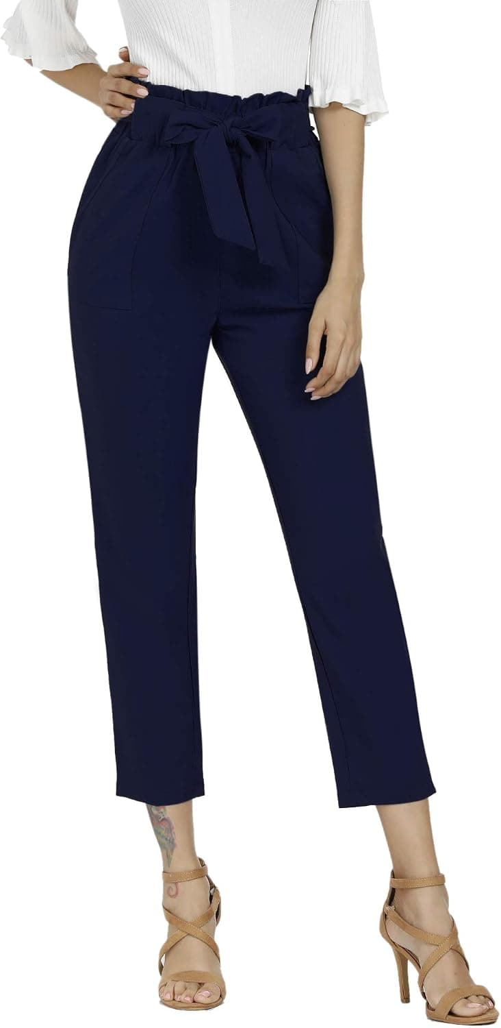 Freeprance Women's Pants Casual Trouser Paper Bag Pants Elastic Waist Slim Pockets