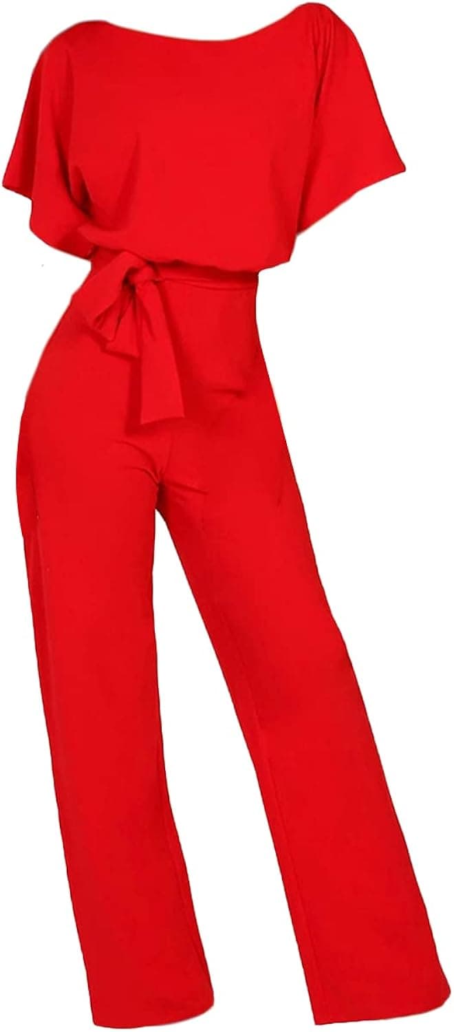 Women's Lace Short Sleeved Jumpsuit Belted Wide Leg Long Pants Rompers Button Loose Crewneck Casual One Piece Playsuit