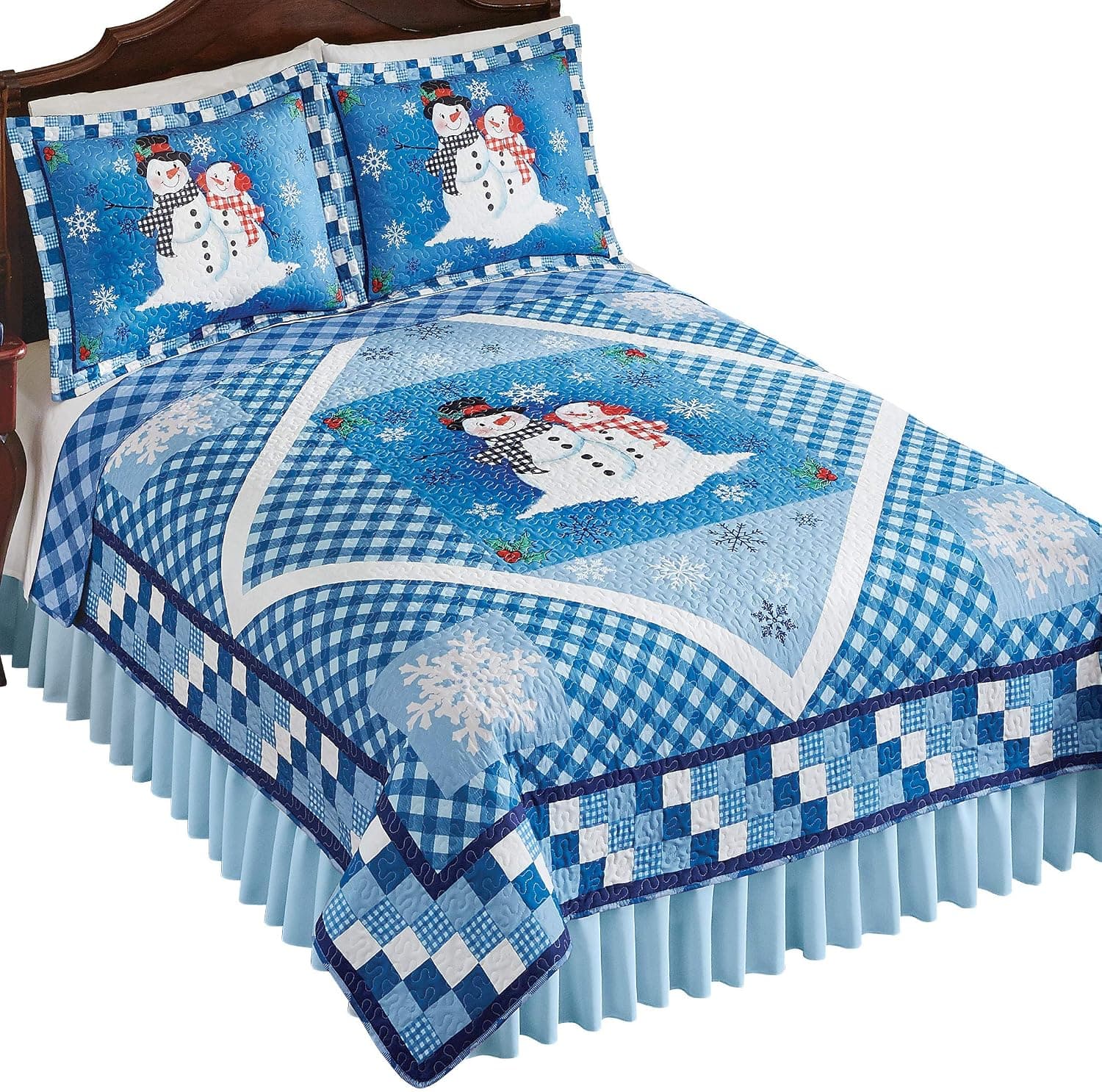 Collections Etc Blue Snowman Diamond Accent Patchwork Quilt with Checkered Pattern - Holiday Bedroom Decor