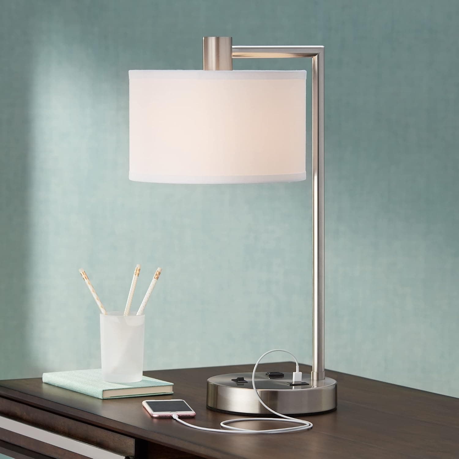 360 Lighting Colby Modern Desk Table Lamp with Hotel Style USB and AC Power Outlet in Base 21" High Brushed Nickel White Linen Drum Shade for Living Room Bedroom House Bedside Reading Home