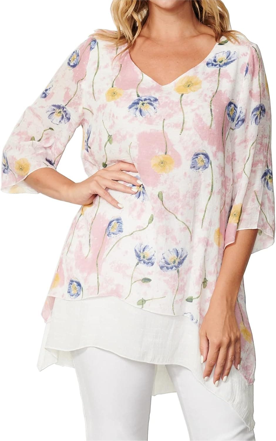 Yukiwi Women Casual Flared Sleeve V-Neck Flowy Floral Casual Blouse Tops Tiered Loose Layer Shirt
