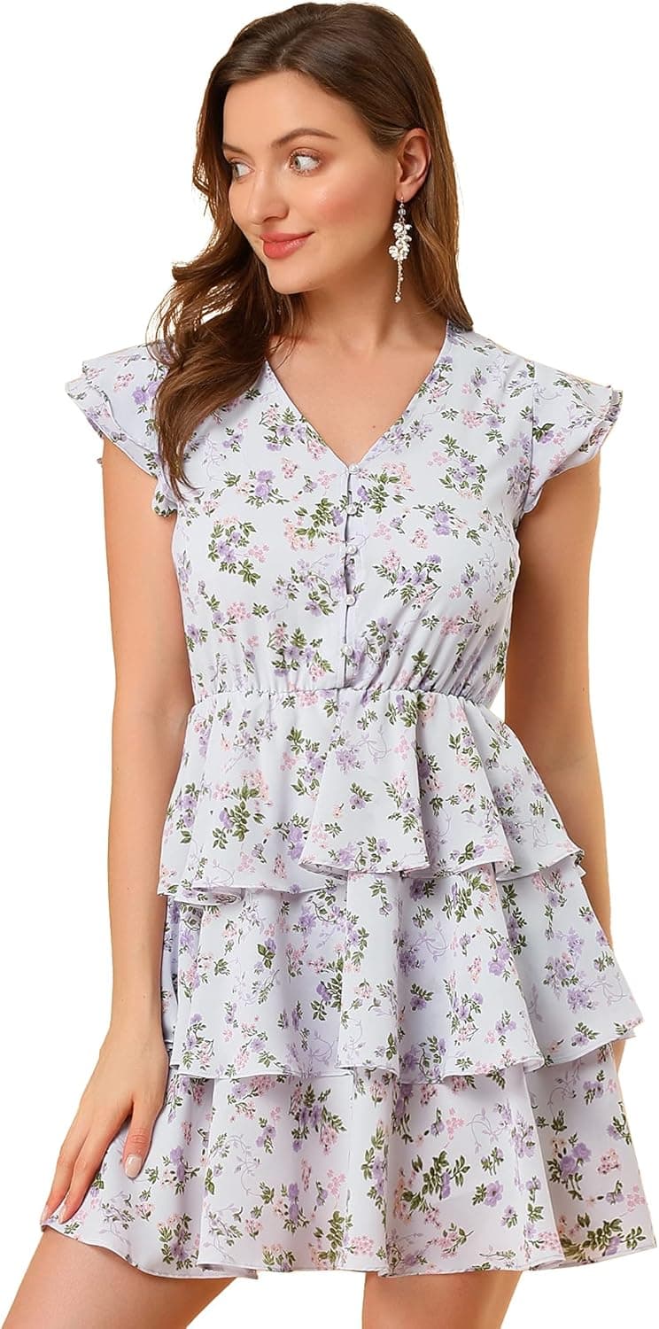 Allegra K Women's V Neck Layered Cap Sleeve Ruffle Valentine's Day Floral Mini Dress