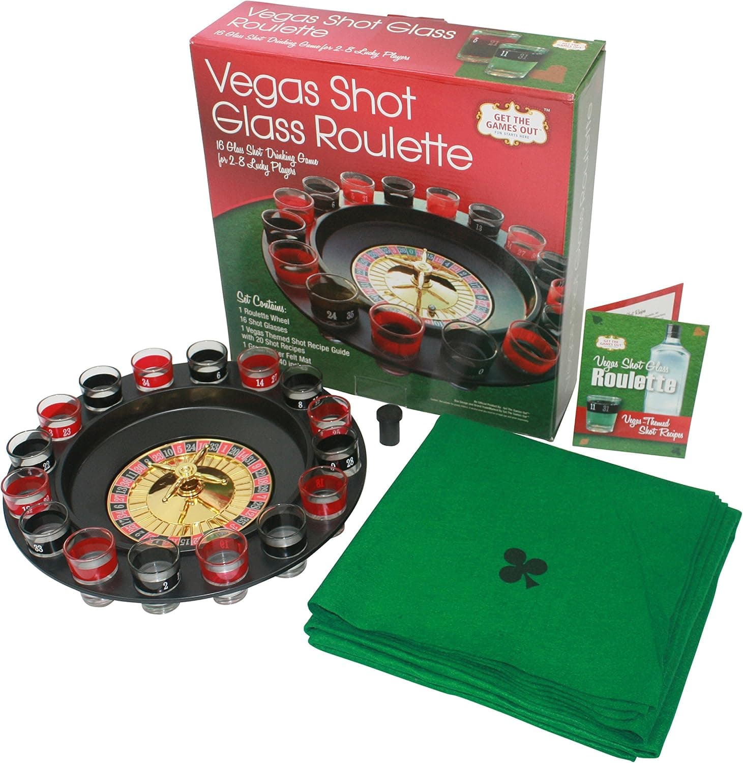 Casino Shot Glass Roulette Drinking Game - The Party Set = 1 Wheel, 16 Shot Glasses, 1 Green Poker Felt Mat & 20 Vegas Shot Recipes by Get The Games OutÂ