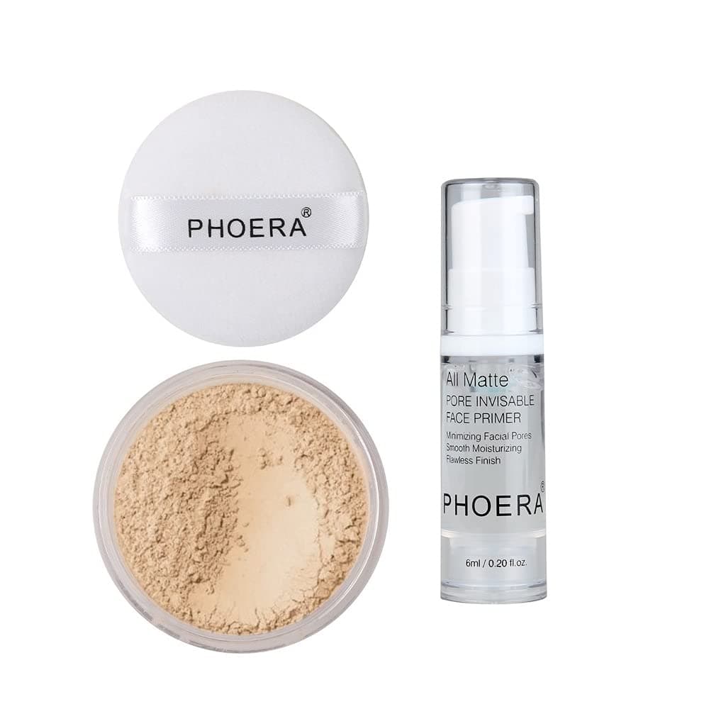 PHOERA Setting Powder and Face Primer for Makeup, Control Oil Brighten Skin Color Cover Blemish Whitening Face Setting Loose Powder。（2 Pcs） (02 Cool Beige + makeup primer)