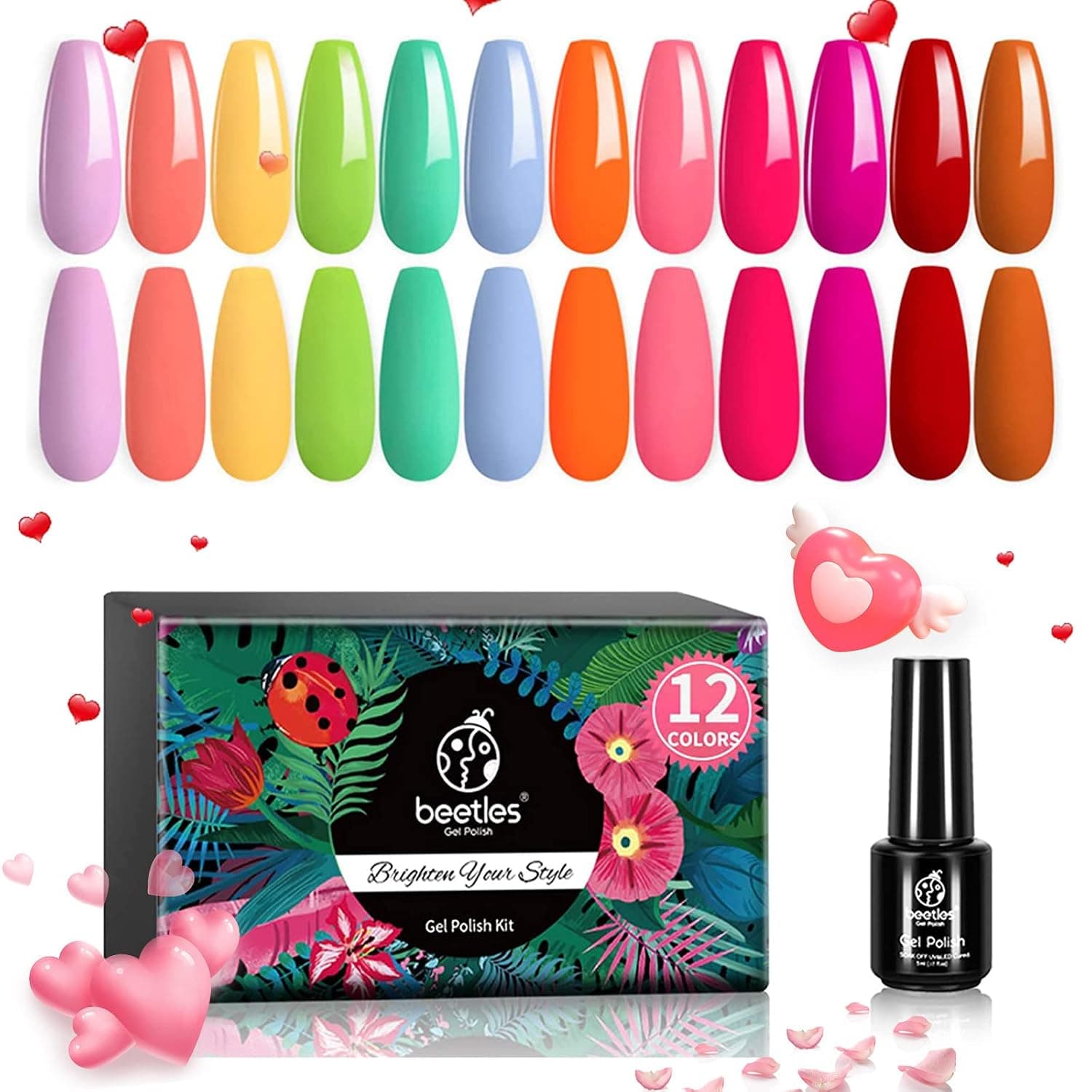 Beetles 12 Pcs Macaroon Gel Nail Polish Kit - Hot Pink Red Neon Green Yellow Gel Polish Set Soak Off LED Nail Lamp Nail Gel Kit Nail Art Salon Manicure Kit Gifts for Women Mom Girlfriend