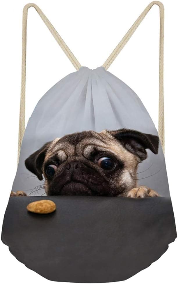 Upetstory Cute Pug Dog Drawstring Gym Bag for Kids Boys Girls Teens, Cinch Gift Backpack for Travelling, Hiking, School and Party