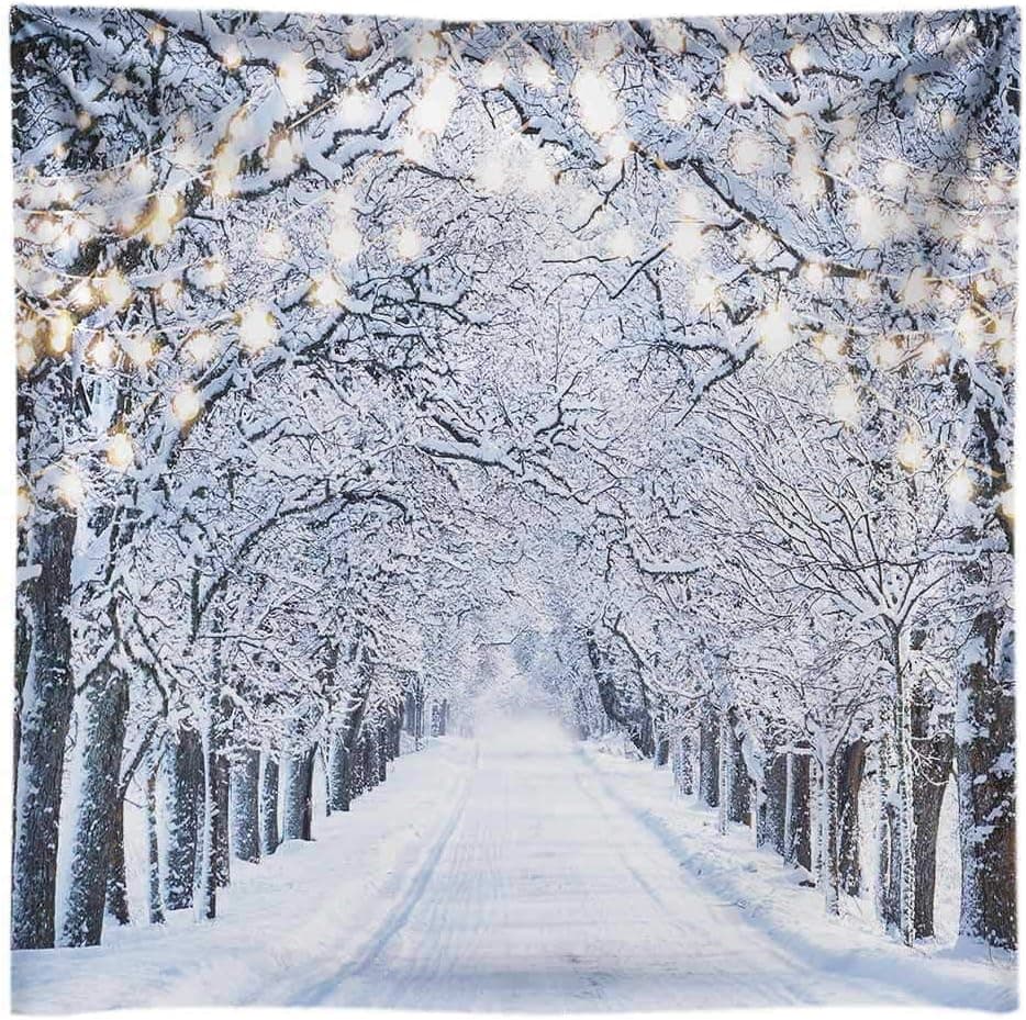 Funnytree 10x10FT Durable Fabric Glitter Winter Forest Photography Backdrop Sparkle Snow Natural Scenery Landscape Tree Path Party Banner Photo Backgound Decor Photo Booth