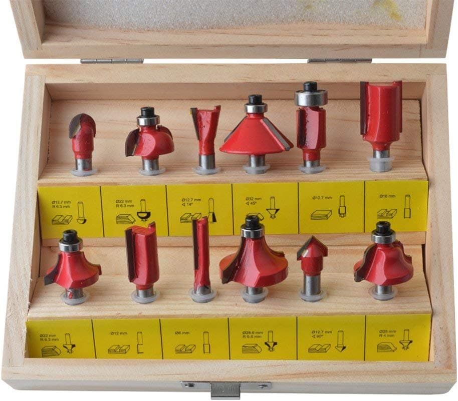 Gunpla 12 Pieces Tungsten Carbide Tipped Router Set 6.35mm Shank TCT Router Bit Woodworking Milling Cutter Tools with Wood Storage Case Set for Doors, Tables, Shelves, Cabinets, DIY Wood