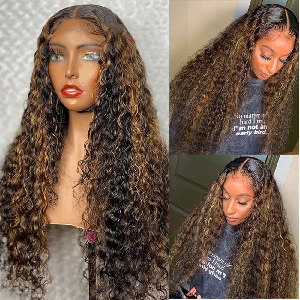 Smavida Brown Highlight Human Hair Wigs Deep Curly Lace Front 1B Black Mixed Brown Highlights Brazilian Remy Hair Bleached Knots Pre Plucked with Baby Hair for Women 150% Ombre Wigs(#1BT1B/30,16")