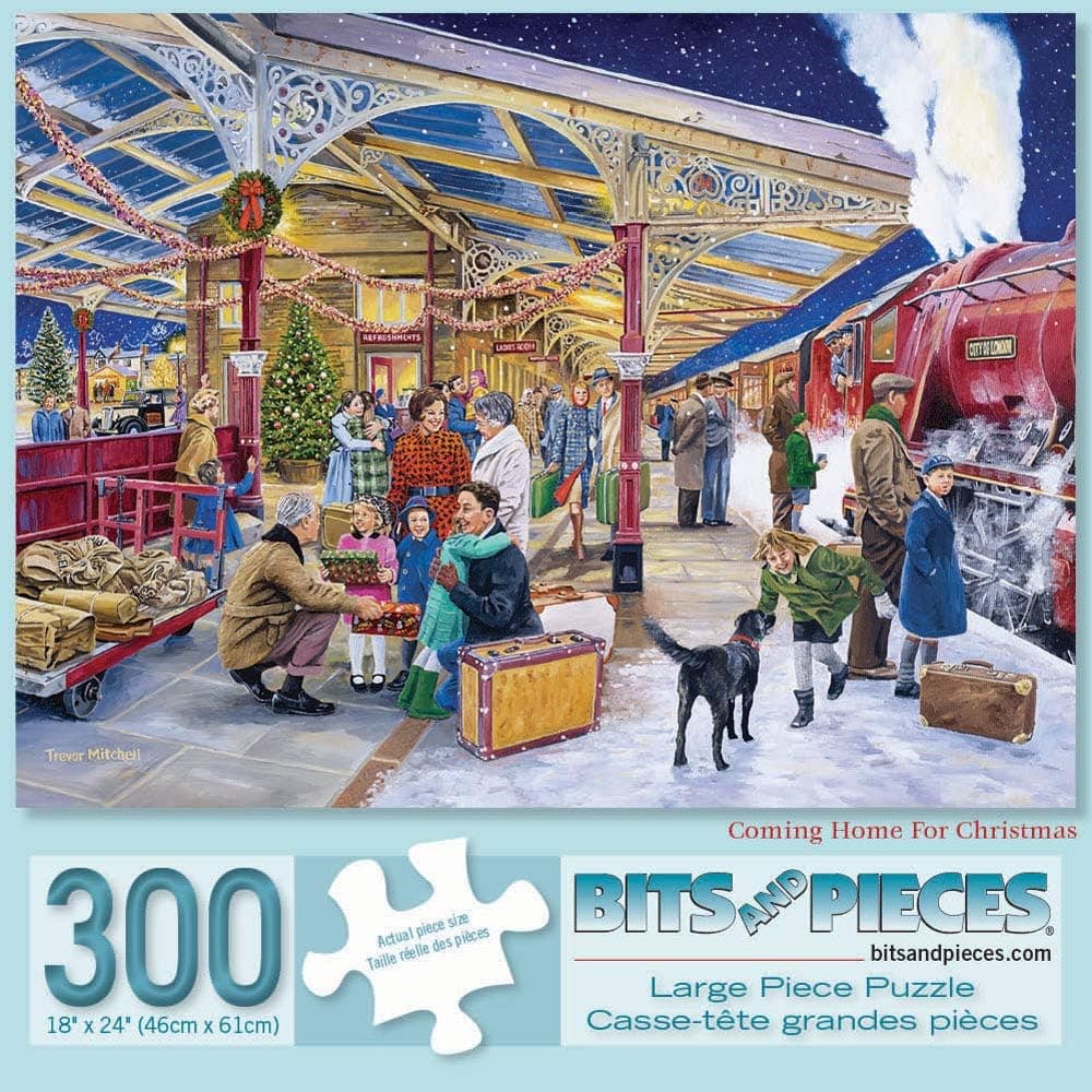 Bits and Pieces - 300 Piece Jigsaw Puzzle for Adults 18" x 24"  - Coming Home for Christmas - 300 pc Holiday Travel Steam Train Family Classic Train Station Jigsaw by Artist Trevor Mitchell