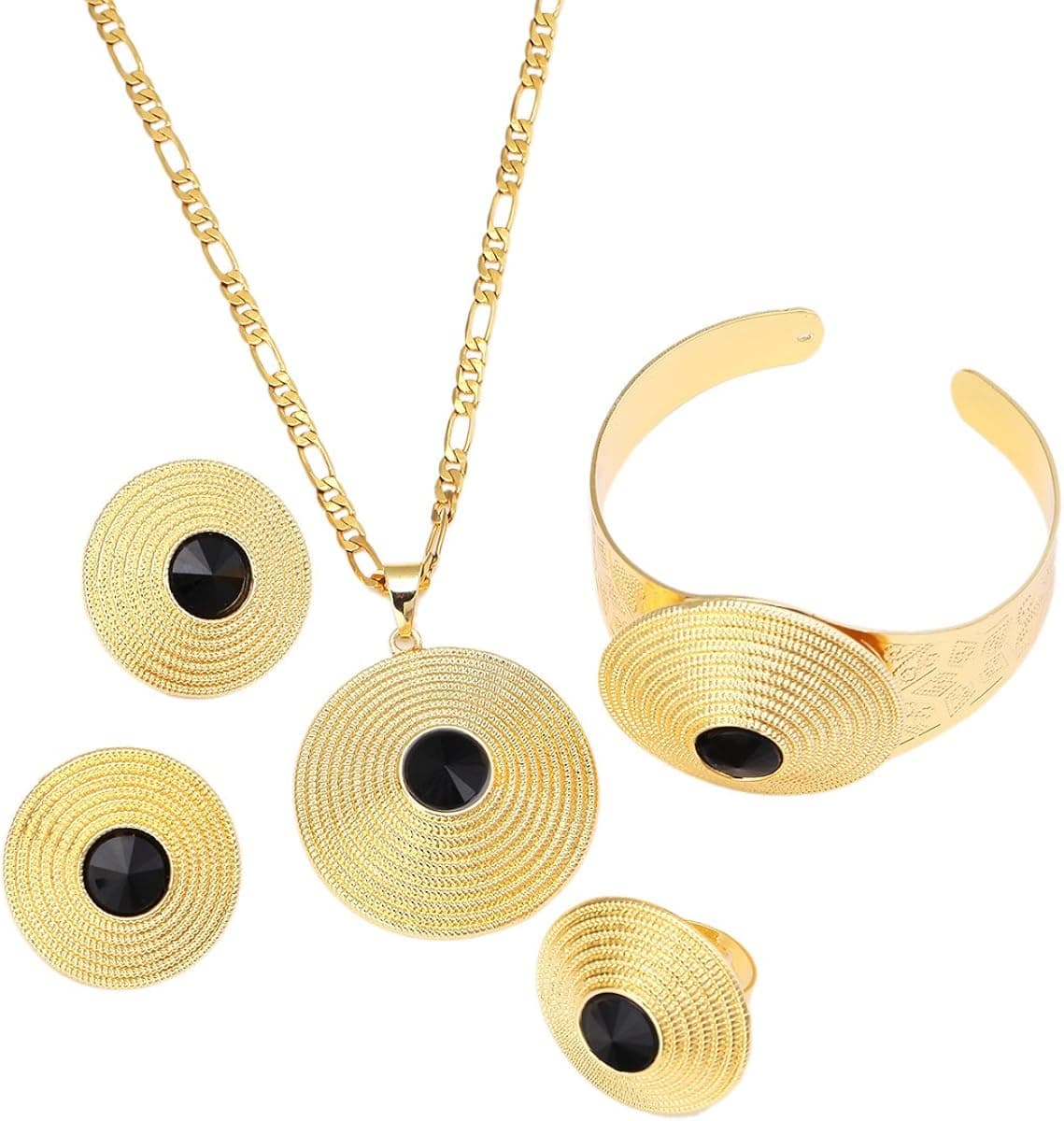 African Gold Jewelry Round Stone Pendant Earrings Bangle 24K Gold Plated Classical Set
