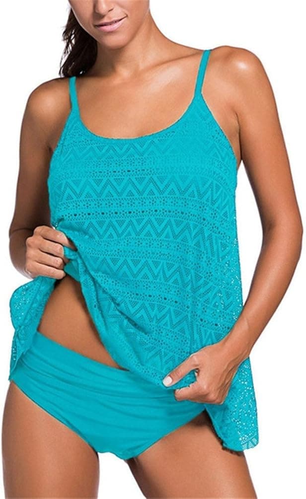 Nicetage Women's Layered Lace Mesh Swimsuit Solid Ruched Bikini Set Tankini Bathing Suit