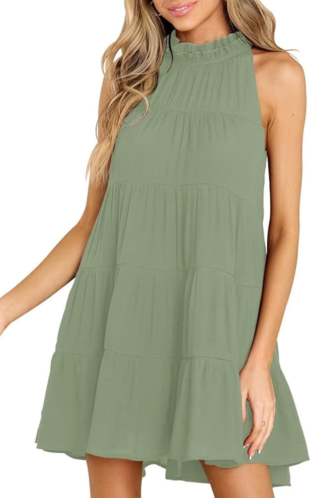 Women's Summer Halter Sleeveless Mini Dresses Loose Ruffle Belt Swing Tiered Pleated Flowy Beach Short Sundress