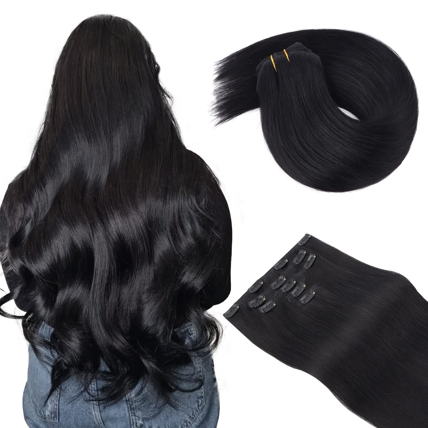 Clip in Hair Extensions, LeaLea Jet Black Clip in Hair Extensions Real Human Hair Straight and Remy Human Hair Extensions 22 inch 90g 5pcs